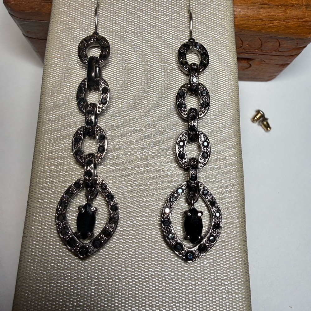 Vintage Monet Silver Tone Black Crystal Dangle Earrings 2.25”
